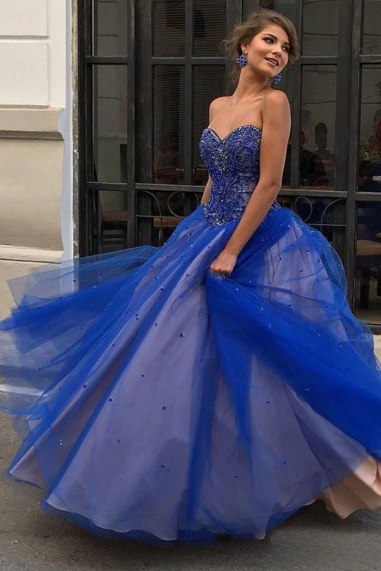 Sweetheart Prom Dresses Tulle Ball Gowns With Beadings Floor Length