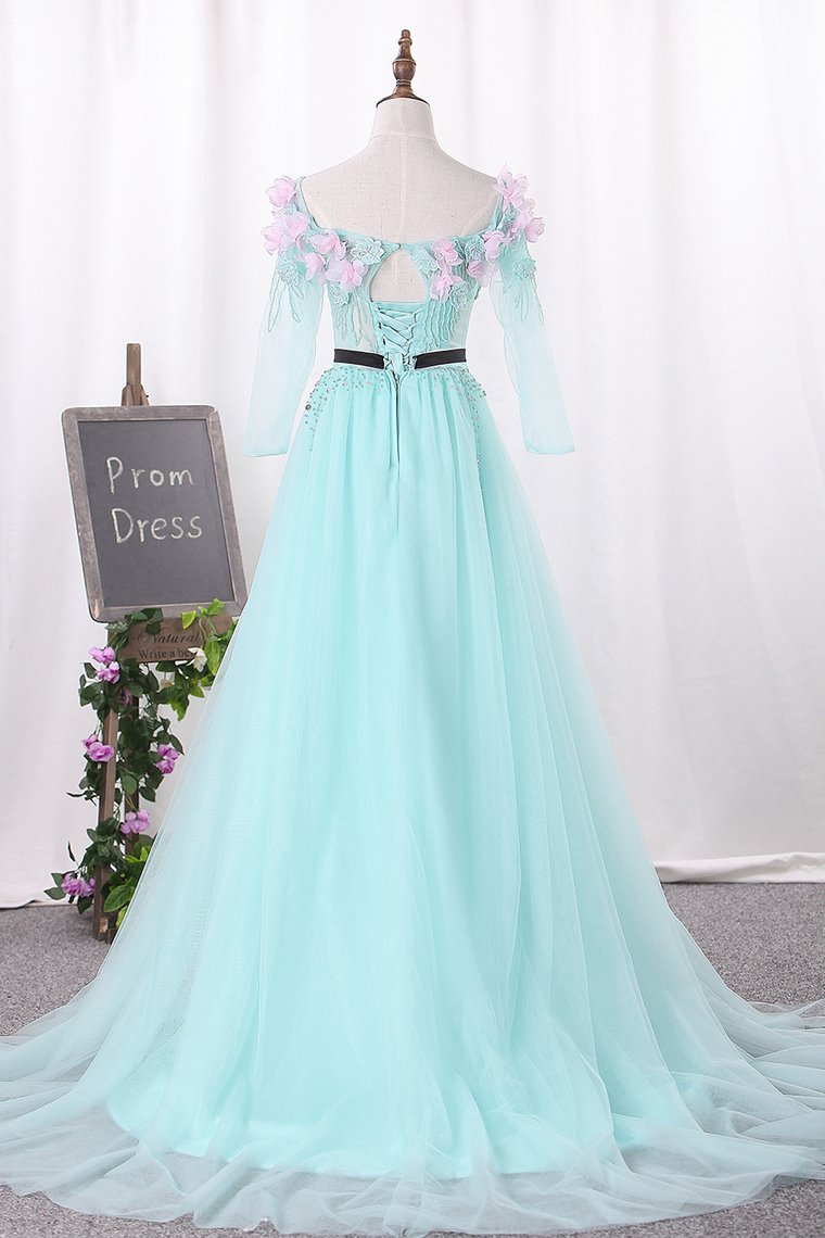 New Arrival A Line Boat Neck Tulle Prom Dresses With Handmade Flowers And Beads