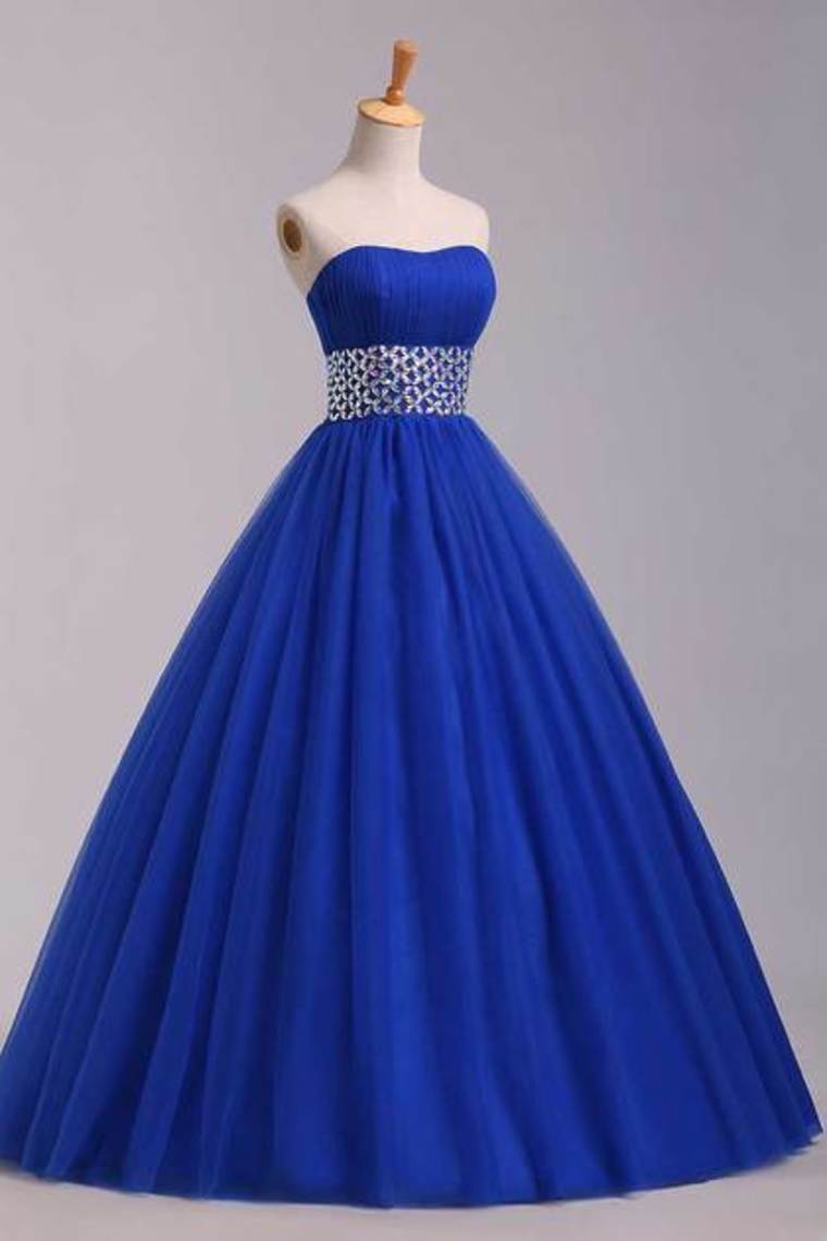 Prom Dress Strapless Dark Royal Blue A Line/Princess Pick Up Tulle Skirt Beaded Waistline