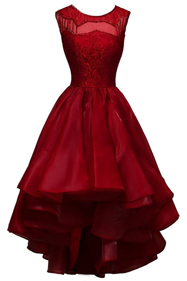 A Line Scoop Organza & Lace With Beads Asymmetrical Homecoming Dresses