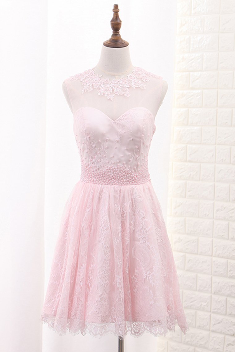 A Line Scoop Lace With Applique And Beads Homecoming Dresses