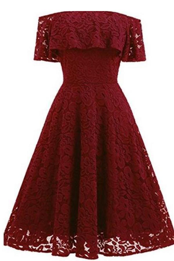 A-line Short Sleeve Burgundy Off-the-Shoulder Lace Knee-Length Grace Homecoming Dresses WK228