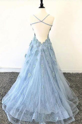 Appliques Prom Dress With Criss Cross Back A Line Tulle