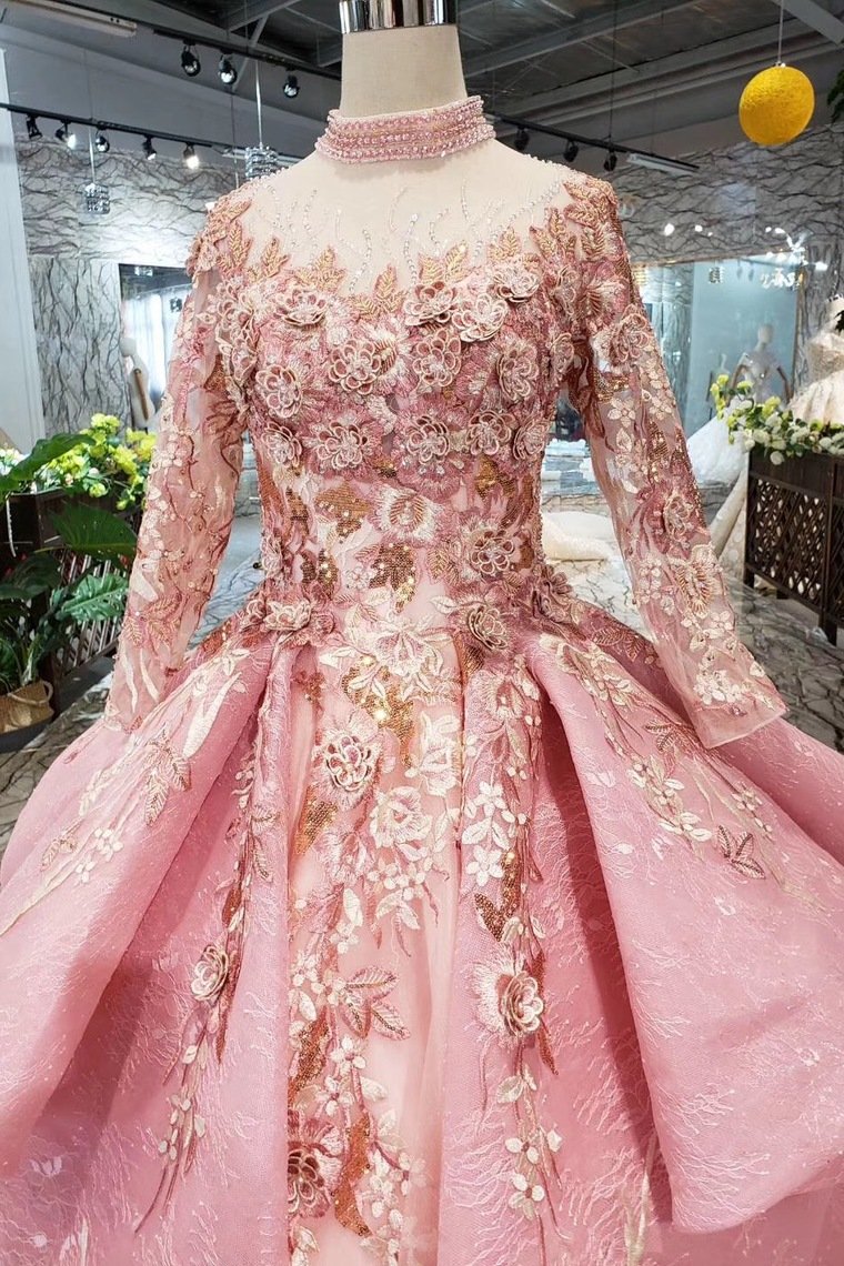 New Prom Dresses Long Sleeves Ball Gown High Neck With Applique&Beads Lace Up Back