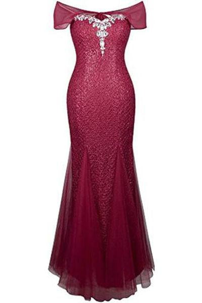 Halter Bateau Beaded Tulle Mermaid Sheath Prom Dresses WK200