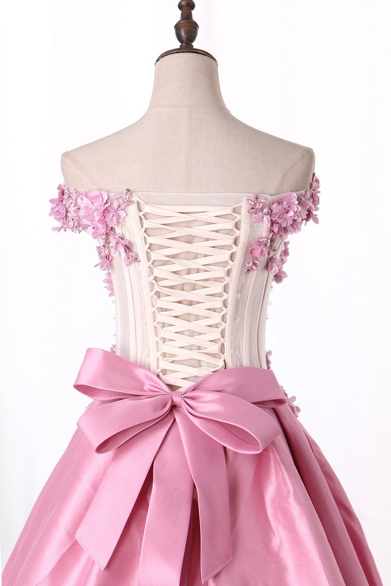 New Arrival Prom Dresses Off The Shoulder Satin With Appliques And Handmade Flowers