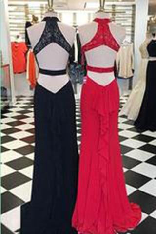 Charming Halter Red and Black Beaded Sleeveless A-Line Open Back Sexy Prom Dresses WK173