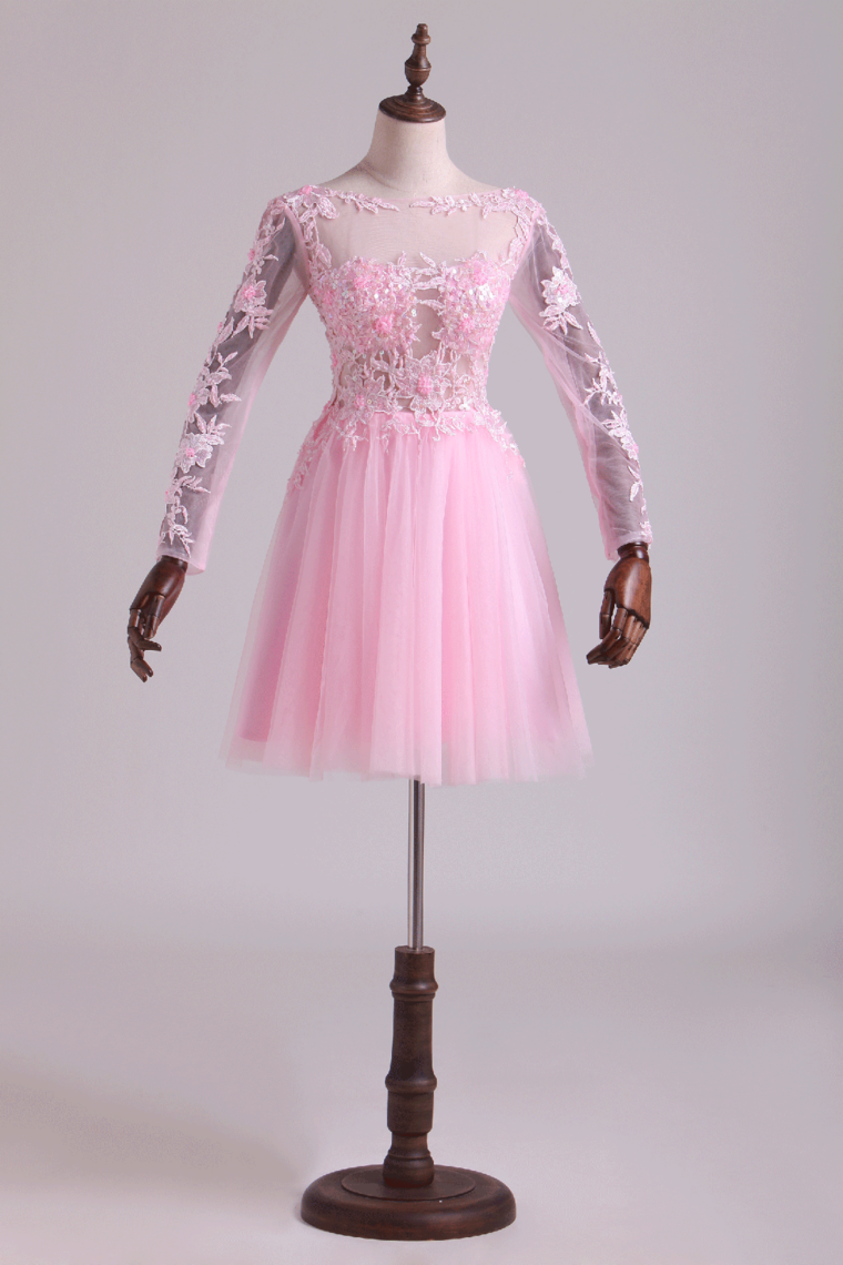 Bateau Homecoming Dresses A Line With Embroidery & Beads Tulle Mini