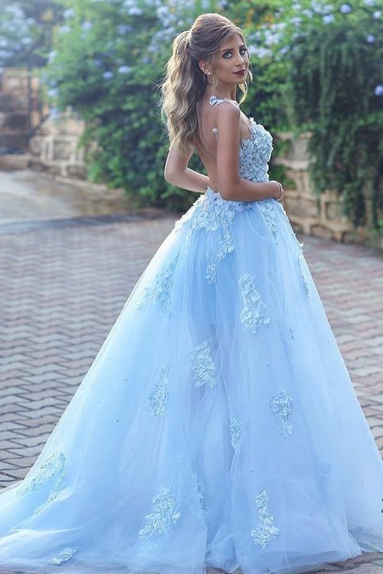 Bateau A Line Prom Dresses Tulle With Applique Sweep Train