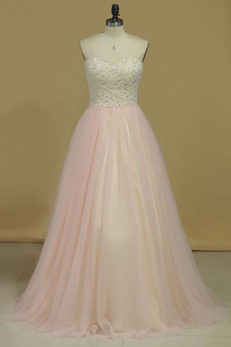 Prom Dresses Sweetheart Beaded Bodice A Line Tulle Sweep Train