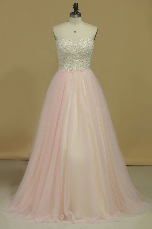 Prom Dresses Sweetheart Beaded Bodice A Line Tulle Sweep Train