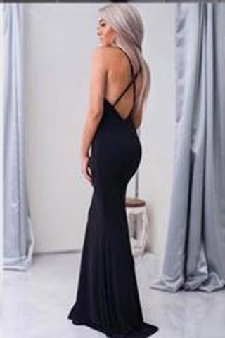 New Arrival Simple Halter Black V-Neck Criss Cross Sleeveless Mermaid Long Prom Dresses WK770