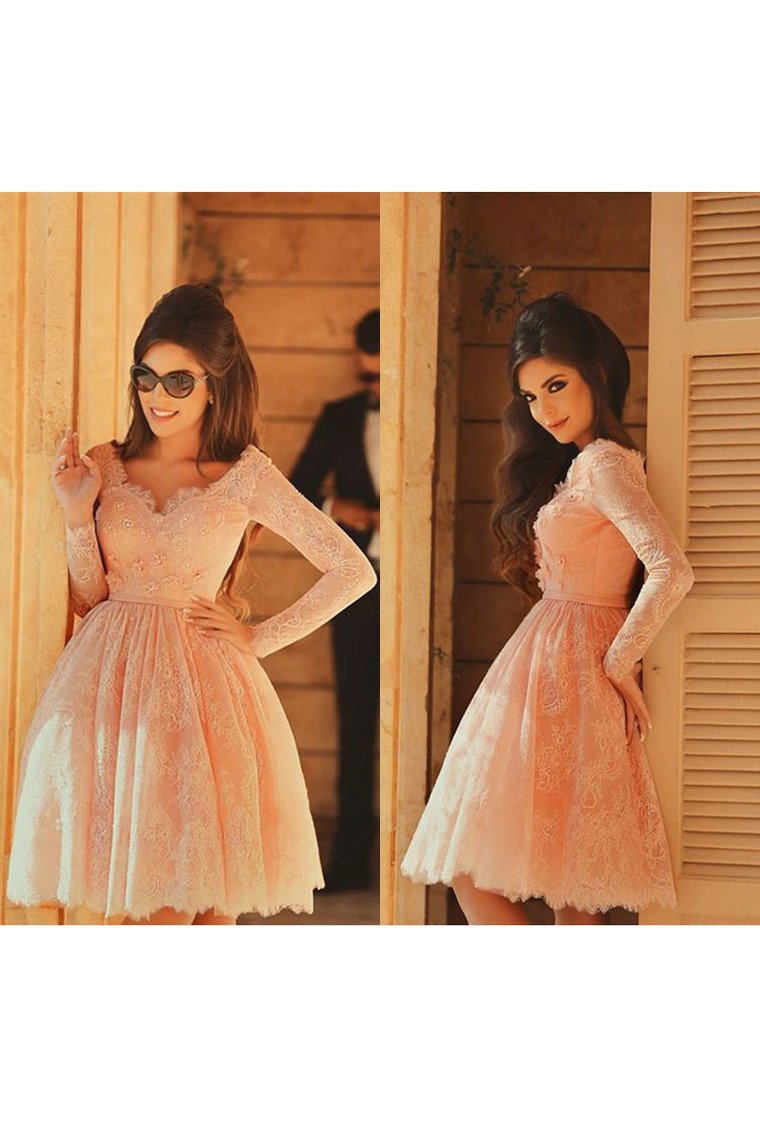 Lace Homecoming Dresses A Line V Neck Long Sleeves With Handmade Flowers