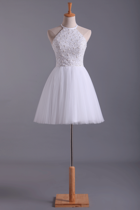 White Halter Homecoming Dresses A-Line Tulle Short/Mini Beaded Bodice