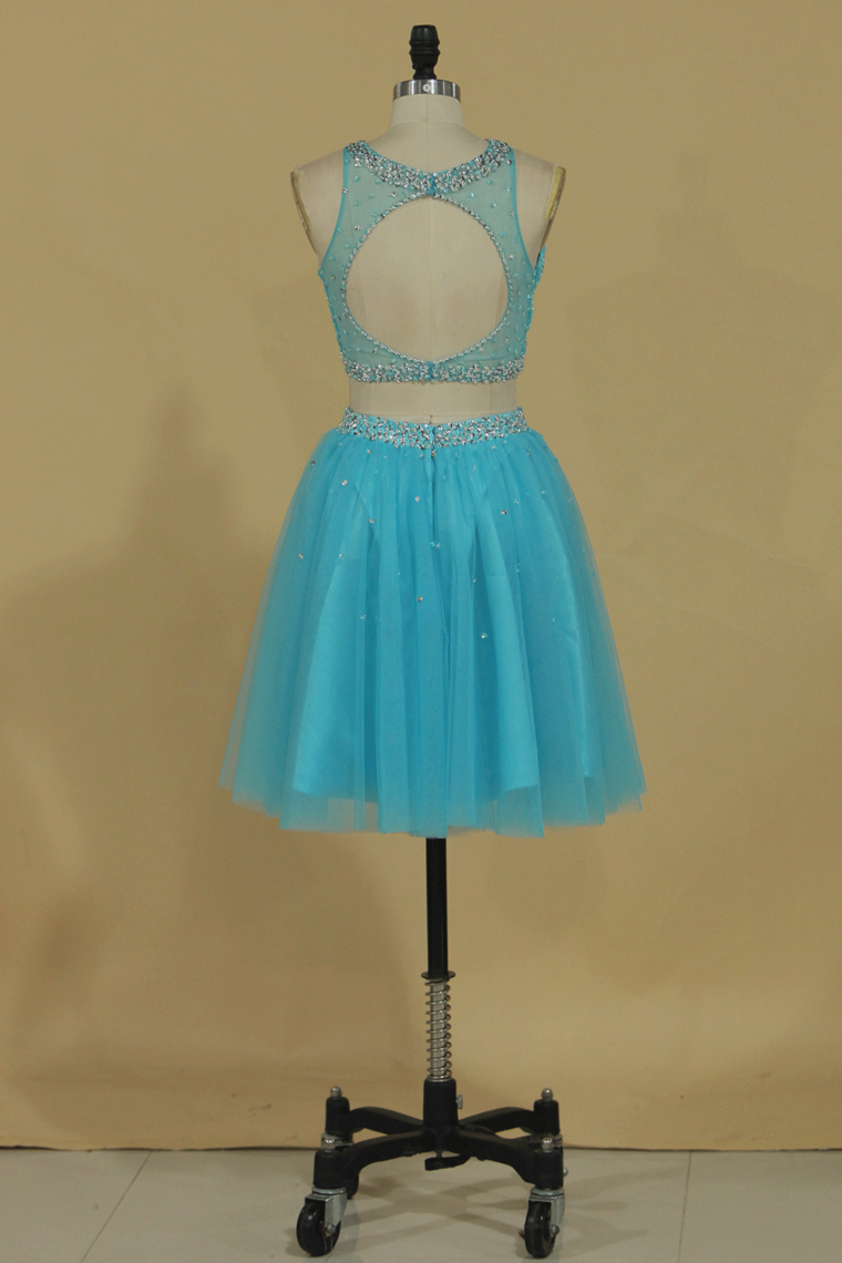 Two Pieces A Line Short/Mini Homecoming Dresses Scoop Tulle With Beading