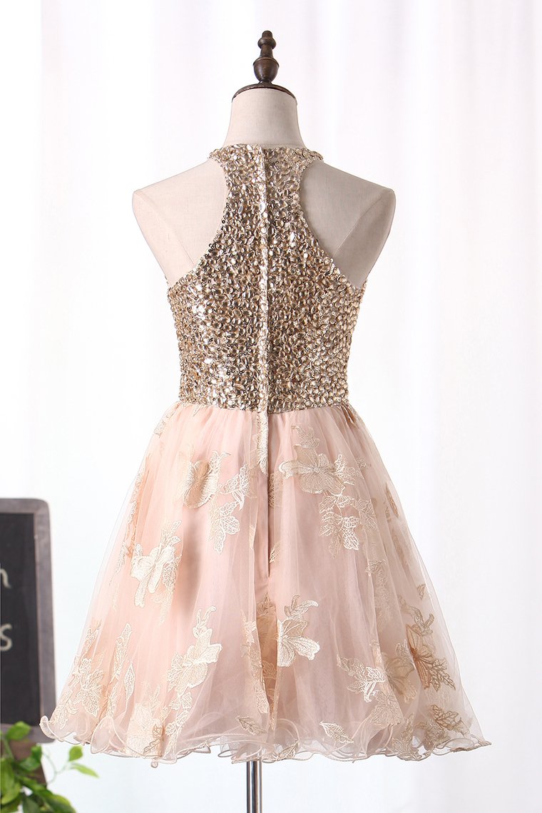 2024 A Line Homecoming Dresses Scoop Tulle With Beads And Applique