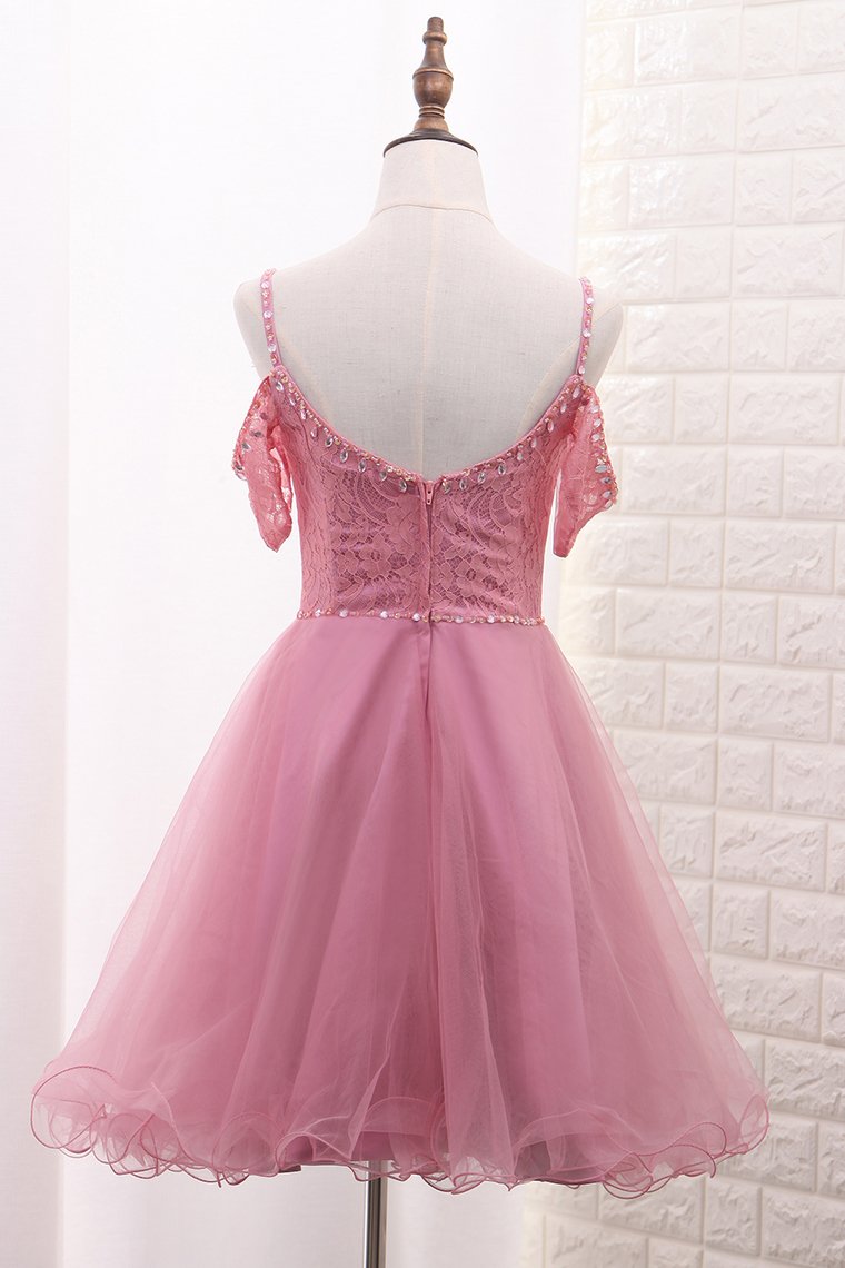 A Line Tulle & Lace Spaghetti Straps Homecoming Dresses With Beads