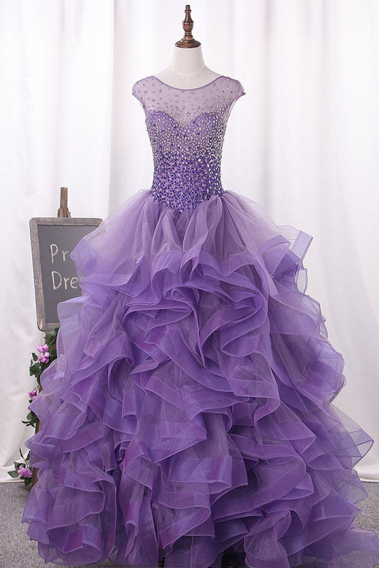 Ball Gown Scoop Beaded Bodice Tulle Quinceanera Dresses Floor Length