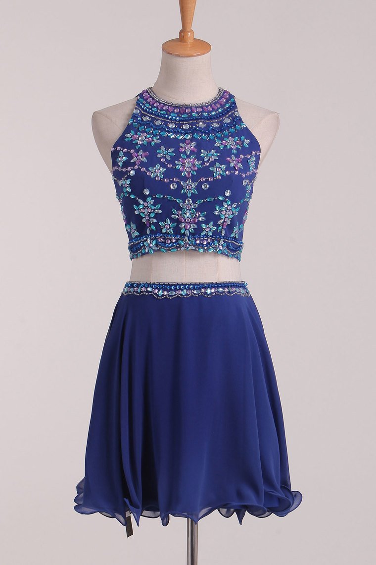 Two-Piece Open Back Scoop Chiffon With Beads A Line Homecoming Dresses