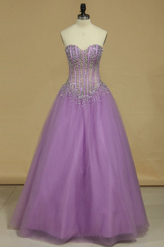 Sweetheart A-Line Prom Gown Sweep Train Tulle Beaded Bodice