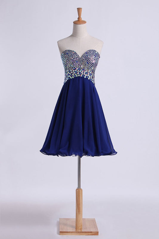 Homecoming Dress Dark Royal Blue Beaded Sweetheart Short/Mini A Line/Princess Chiffon