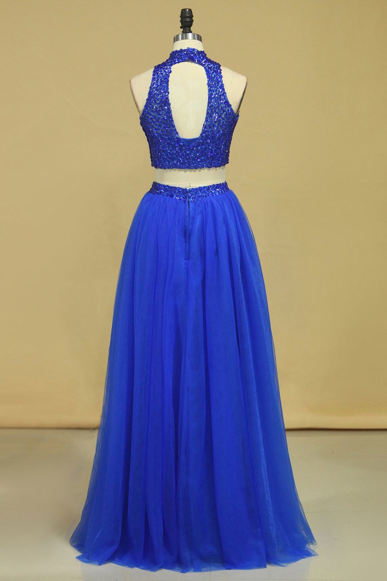 Two-Piece Tulle With Beading Prom Dresses High Neck A Line