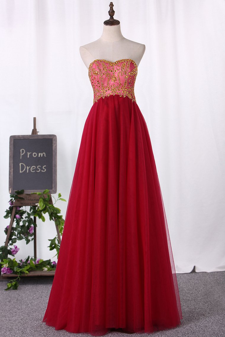 A Line Sweetheart Tulle With Beading Floor Length Prom Dresses