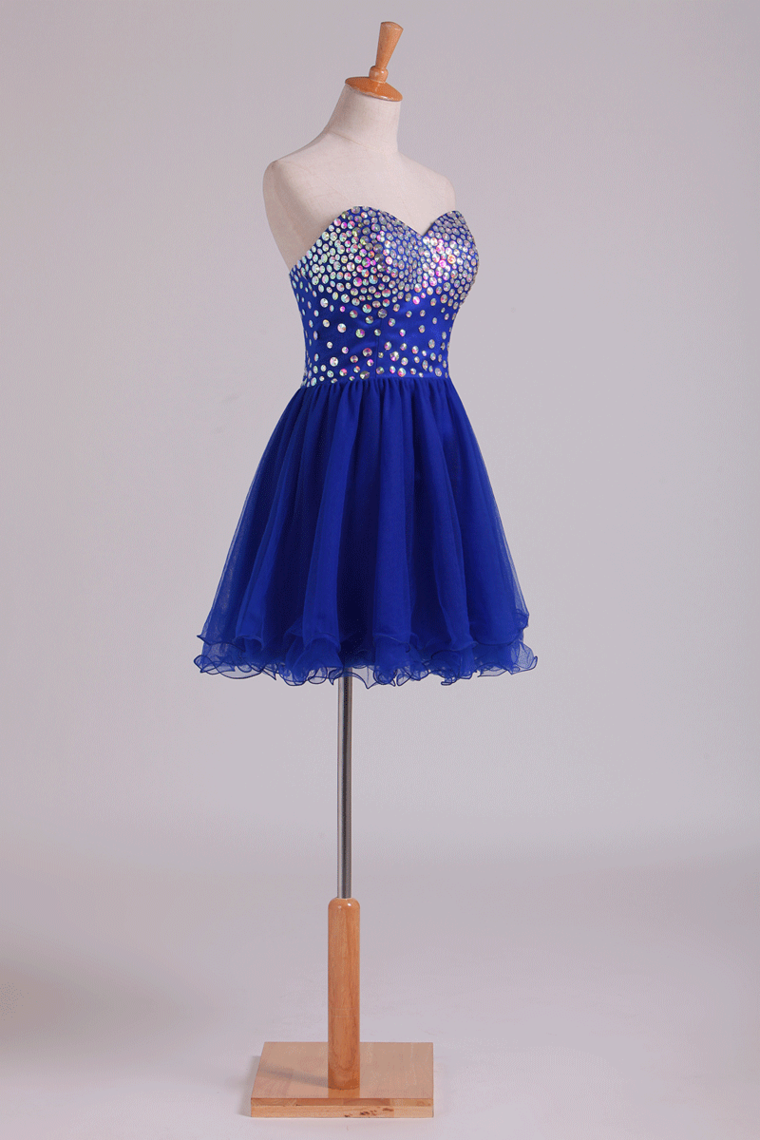 New Arrival Dark Royal Blue A Line Sweetheart Homecoming Dresses Tulle Short With Beads