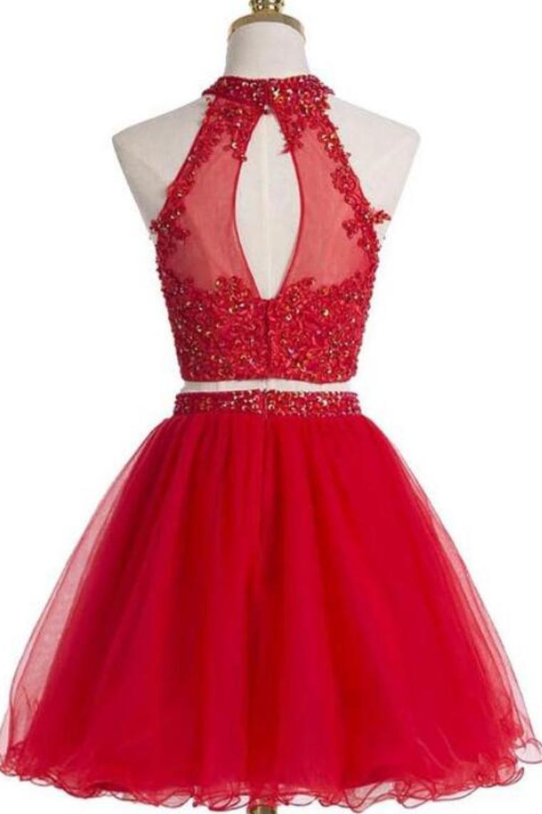 Two PiecesTulle With Beading And Appliques Homecoming Dresses A Line