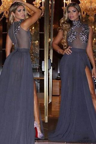 Navy Blue Lace Sheer Prom Dress Formal Dress Sexy Prom Dress Party Dress WK726