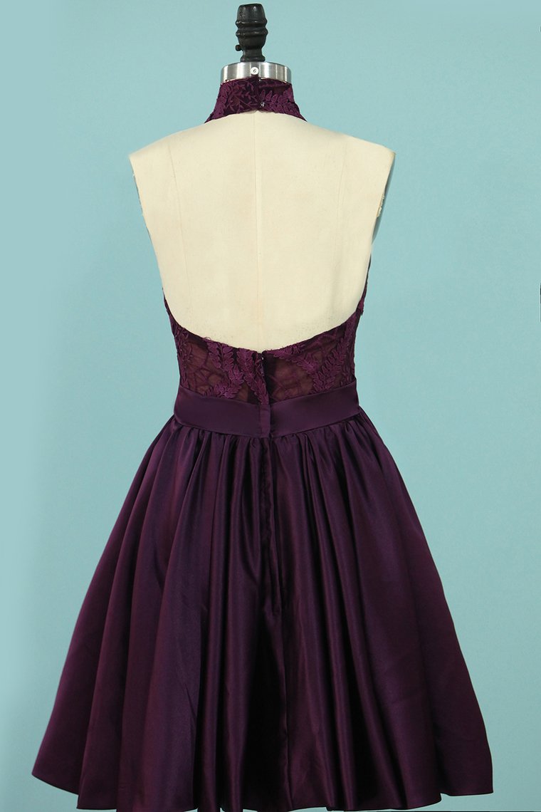 High-Neck Short/Mini Homecoming Dresses A Line Satin & Lace With Detachable Train