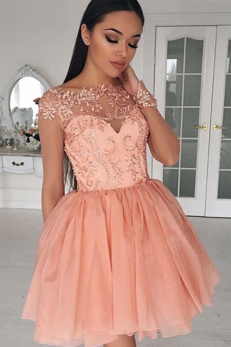 Long Sleeves Homecoming Dresses Scoop Chiffon With Applique Short/Mini