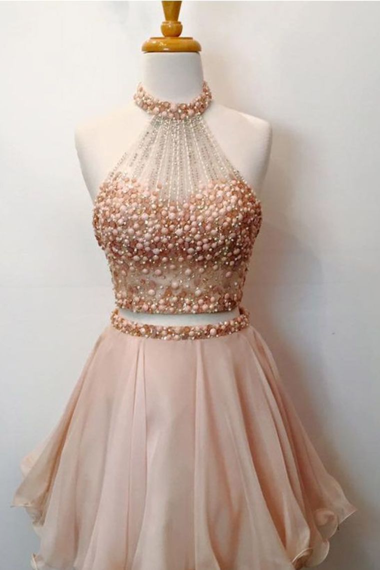 A Line/Princess Halter Homecoming Dresses Chiffon Beaded Bodice Two Pieces