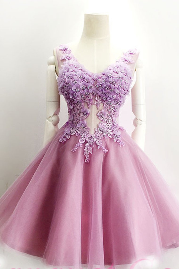 V Neck Tulle With Handmade Flowers Homecoming Dresses A Line