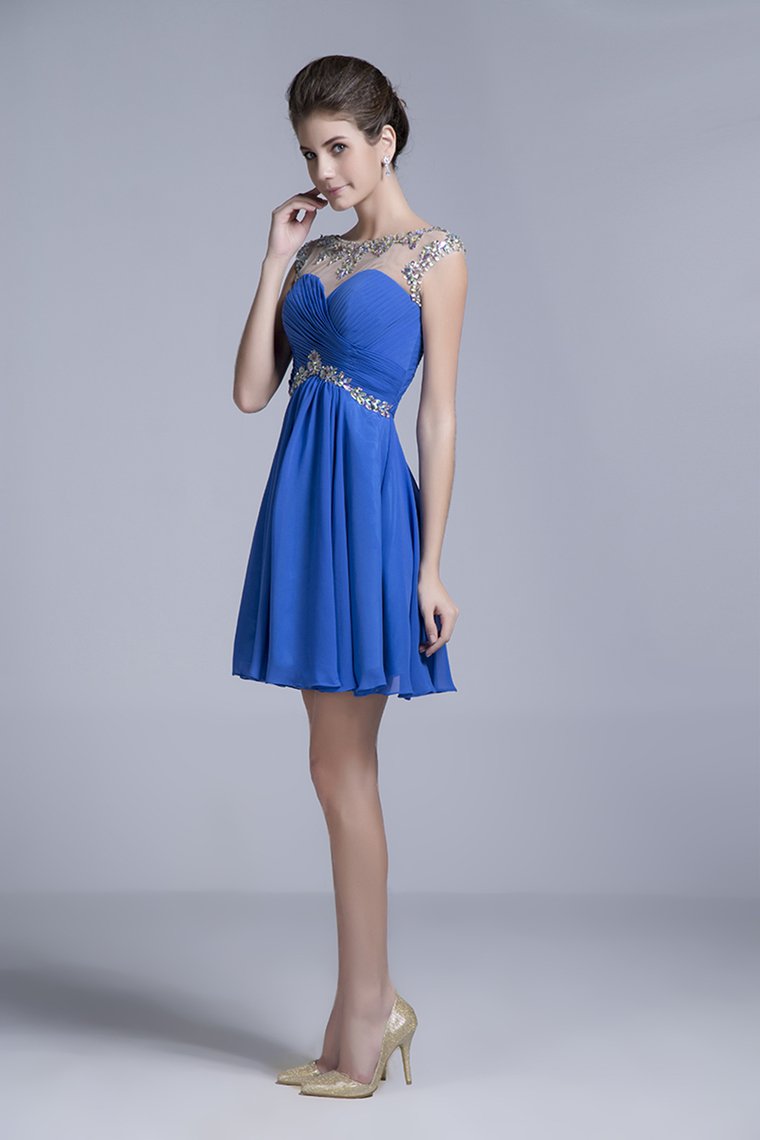 Homecoming Dresses Short/Mini Rulffled&Beaded Chiffon Dark Royal Blue