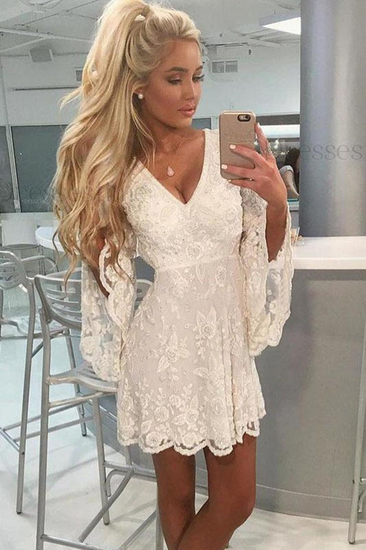 A-Line V-Neck Open Back Bell Sleeves Short White Lace Homecoming Dress