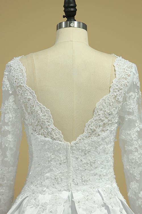 A Line Long Sleeves White Lace Appliques Satin Beads Open Back Wedding Dresses WK815