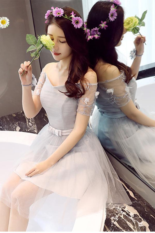 A Line Tulle Short Sleeves Off the Shoulder Gray Lace up Sweetheart Homecoming Dresses WK897