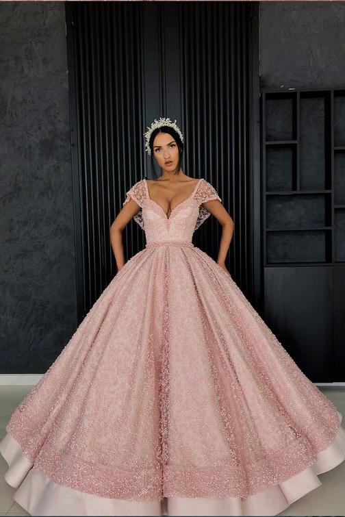 Chic Ball Gown Straps Pink Cap Sleeve Sparkly V Neck Beads Quinceanera Dress with Pockets WK228