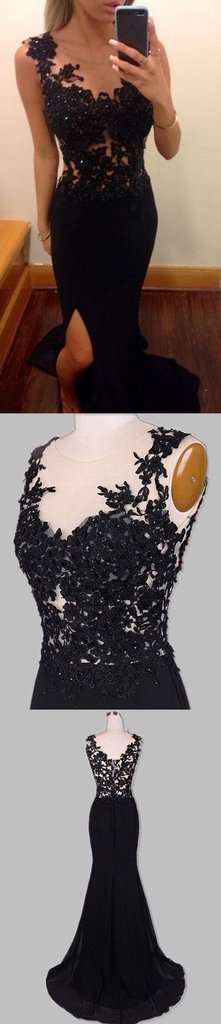 Pretty Mermaid Black Lace Beading Sweetheart With Slit Modest Cheap Prom Dresses WK144