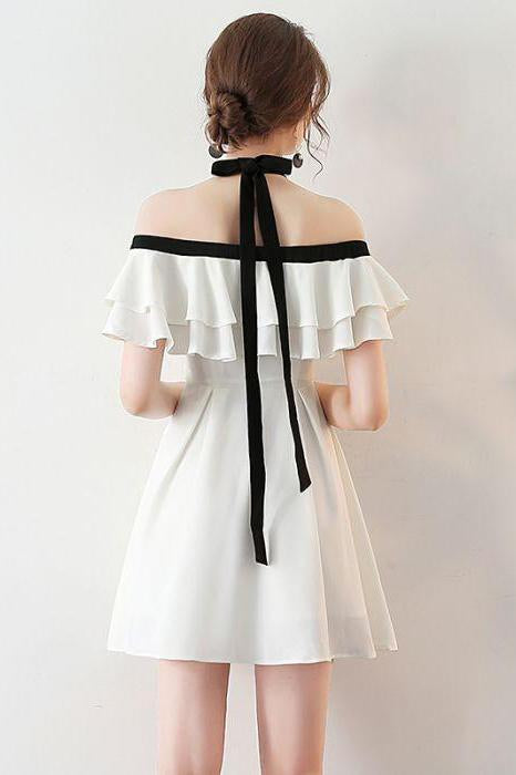 Chic Halter A Line Simple White Off the Shoulder Chiffon Cheap Short Homecoming Dress WK751