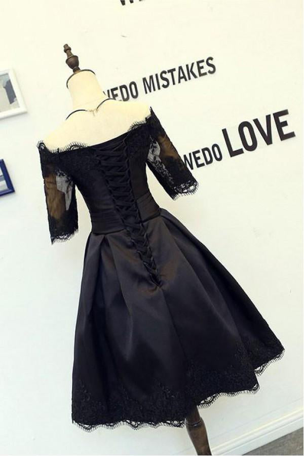 A Line Black Short Sleeves Off the Shoulder Lace Appliques Satin Homecoming Dresses WK885