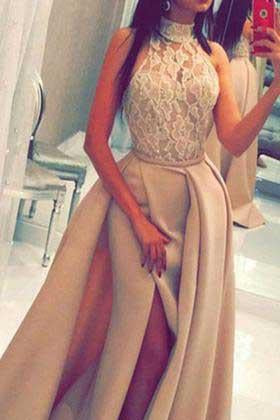 A line Lace Slit High Neck Sleeveless Floor-Length Long Prom Dresses WK811