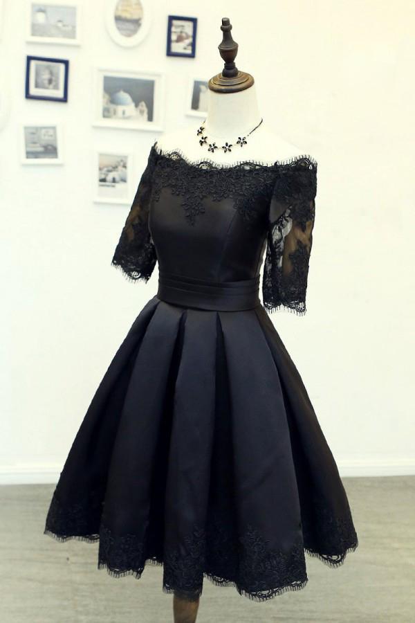 A Line Black Short Sleeves Off the Shoulder Lace Appliques Satin Homecoming Dresses WK885