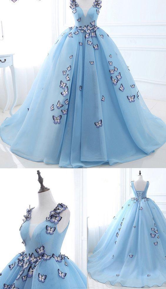 Ball Gown Long Sky Blue Butterfly V Neck Appliques Lace up Prom Quinceanera Dresses WK848