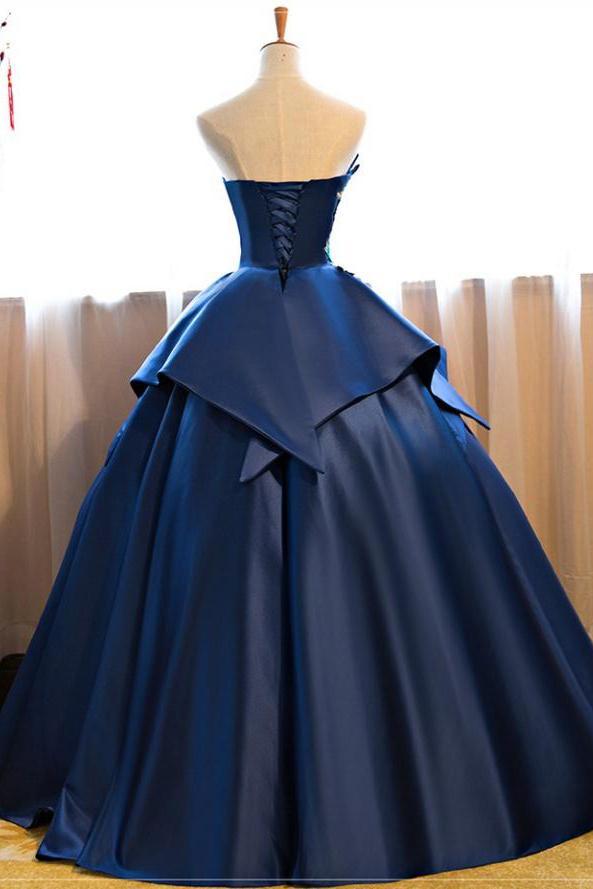 Dark Blue Ball Gown Satin Strapless Lace up Appliques Long Prom Quinceanera Dress WK602