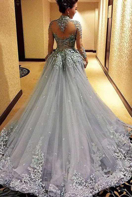 High Neck A-line Long Sleeve Tulle Appliques Sweep Train Long Prom Dresses WK416