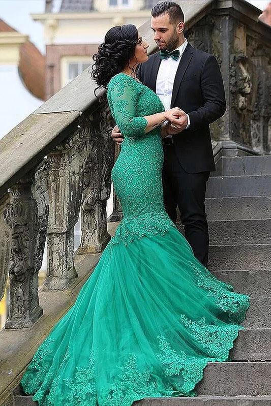 Sexy Green Mermaid V Neck Tulle Applique 3/4 Sleeves Sweep Train Plus Size Prom Dresses WK163