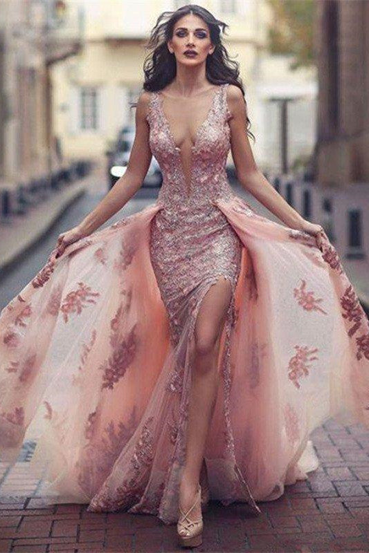 Sexy Deep V Neck Mermaid Tulle Lace Appliques Slit Front Backless Princess Prom Dresses WK742