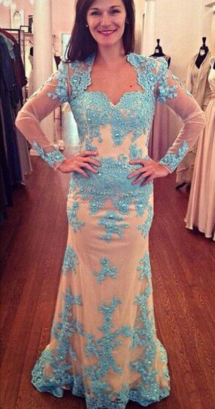 Long Sleeves Lace Sheath Long Prom Dresses Mother of Bride Dresses